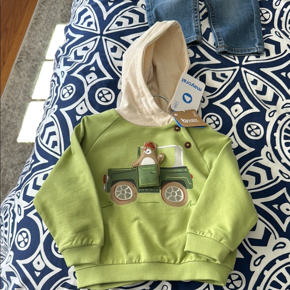 Green Hoodie with Car Graphic and Beige Hood